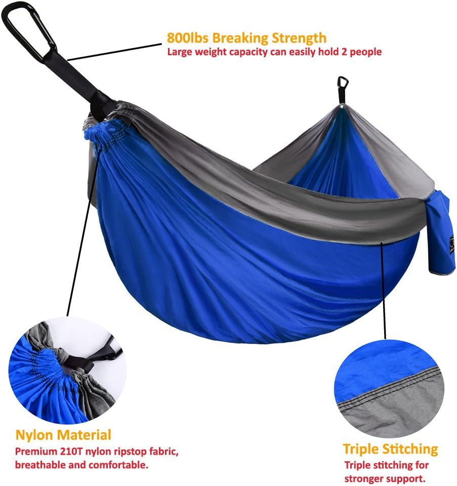 Camping Hammock, Double Hammock with Ropes,  Brand Lightweight Portable Mens Womens Kids, Camping Accessories Gear (Blue & Gray, Double)