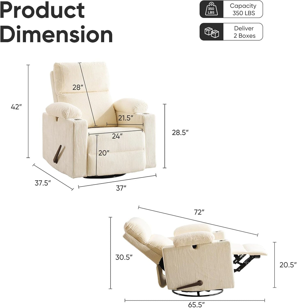 Swivel Rocker Recliner with Adjustable Armrests, Rocking Nursery Chair with Adjustable Headrest, Cup Holder, Manual Recliner Nursing Chair, Corduroy Beige