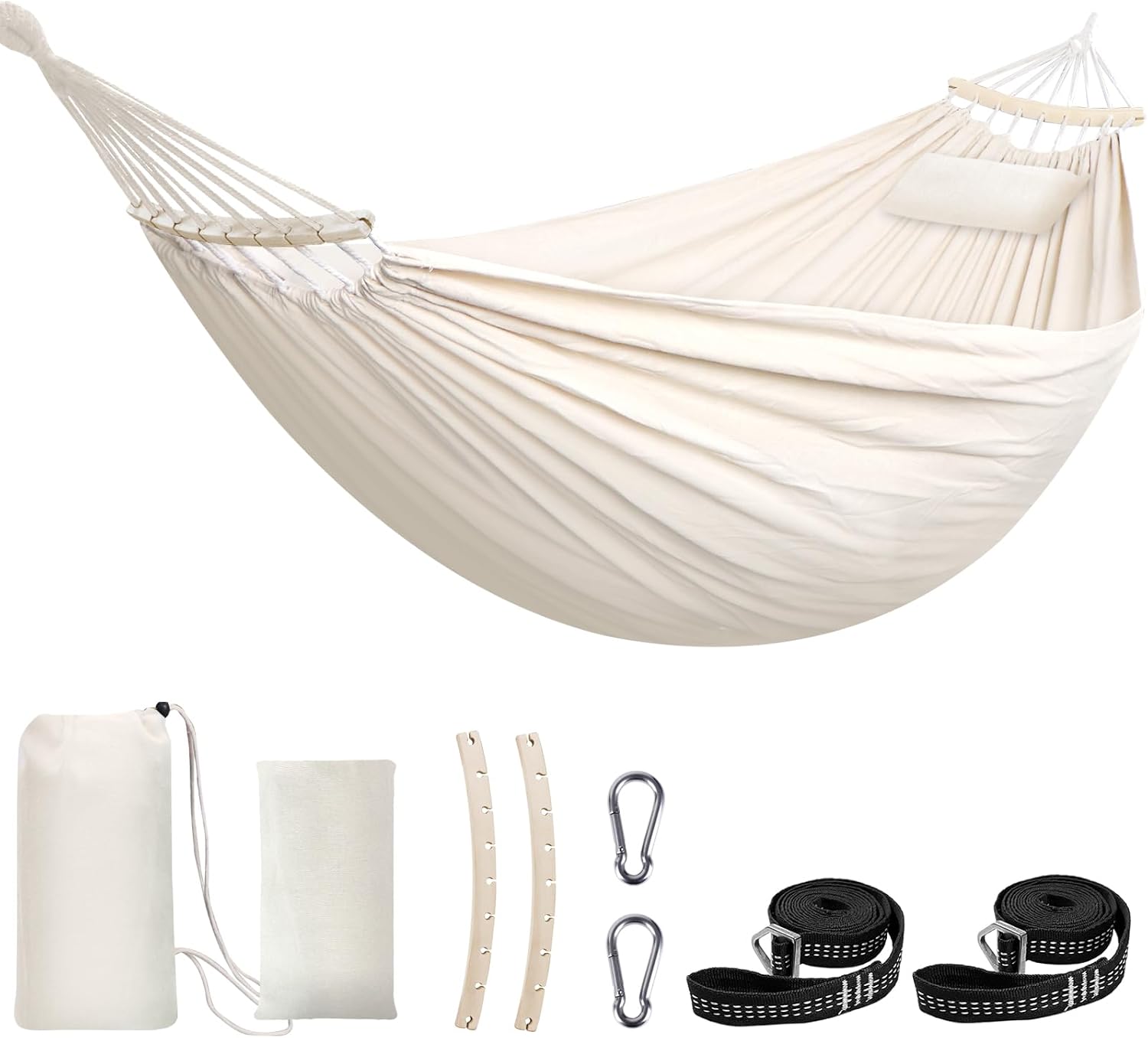 Cotton Hammock 8.9x4.9ft Holds Up to 660lbs Prevents Side-Tipping | Soft Fabric Tree Hammock Camping with Bag Detachable Spreader Bar Pillow 2 Strong Webbings 2 Carabiners Indoor Outdoor Garden
