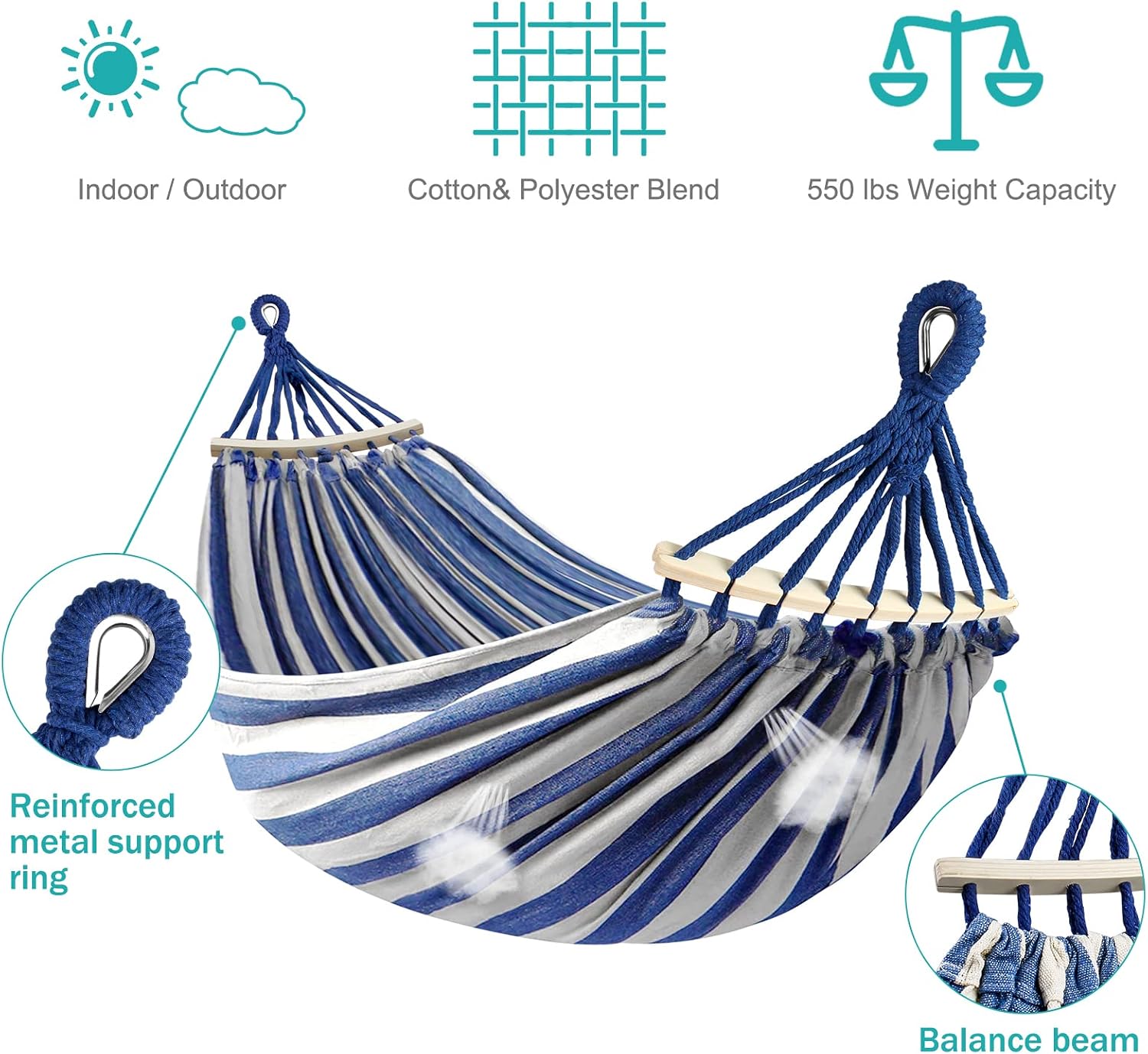 Hammocks Portable Camping Hammock Upgraded 550lb Comfortable Fabric Hammock with Two Anti Roll Balance Beam and Sturdy Metal Knot Tree Straps for Camping, Patio, Backyard, Outdoor(Blue White)