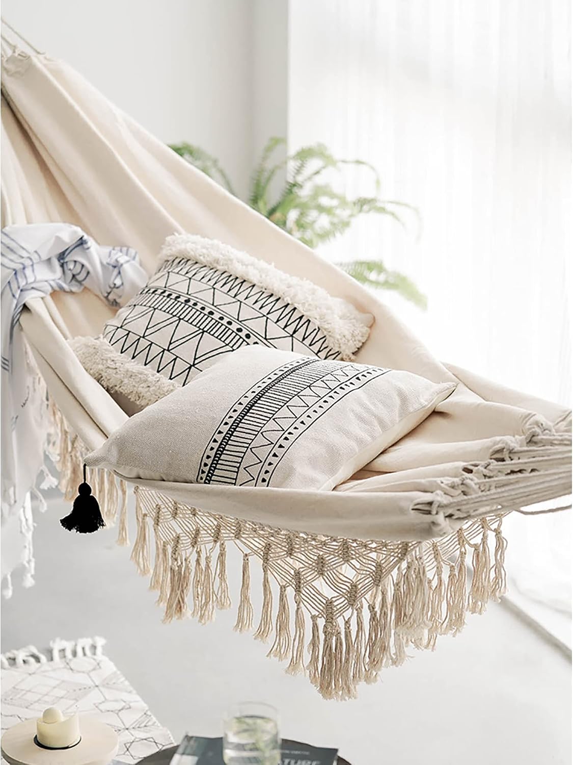 Double Sized  Macrame Cream Hammock with Elegant Tassels and Fishtail Knitting 485Lbs Includes Tie Ropes and White Drawstring Bag for Women