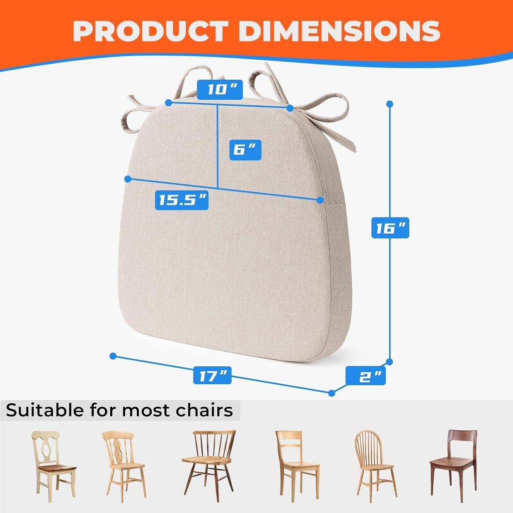 Chair Cushions for Dining Chairs, D-Shaped Seat Cushions with Removable Washable Cover and Ties, Chair Pads for Kitchen, Indoor Dining Room, Patio Chairs, 17'' x 16'', Set of 4, Beige