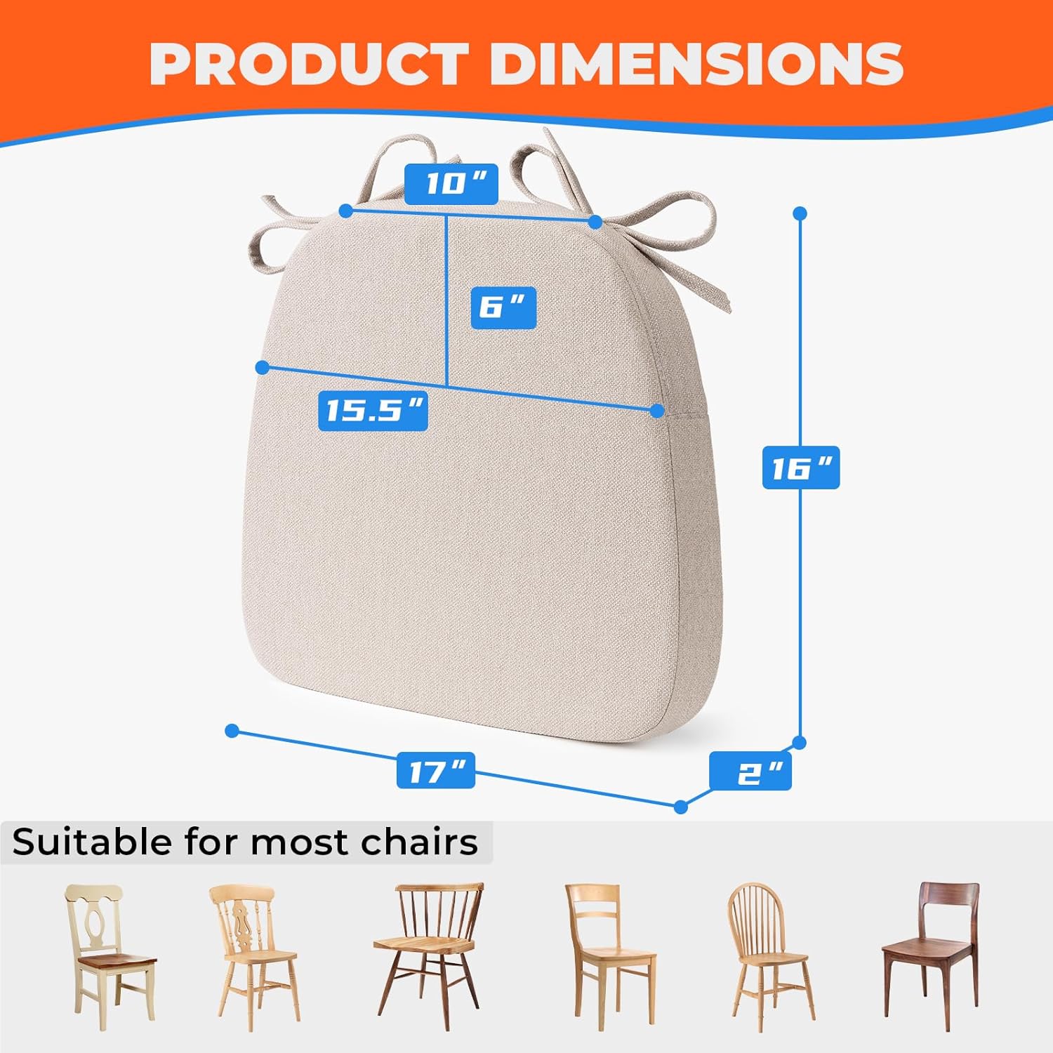 Chair Cushions for Dining Chairs, D-Shaped Seat Cushions with Removable Washable Cover and Ties, Chair Pads for Kitchen, Indoor Dining Room, Patio Chairs, 17'' x 16'', Set of 4, Beige