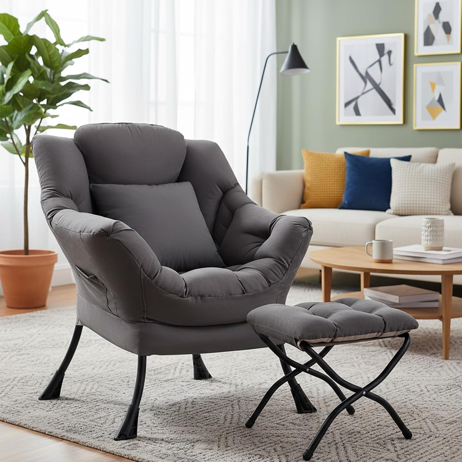 Lazy Chair with Ottoman, Comfy Reading Chair for Bedroom，Grey | Comfy Bedroom Accent Chair with Washable Removable Cover and extra throw pillow for Living Room Dorm