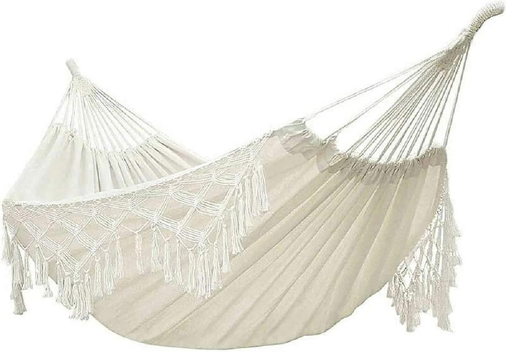 Double Sized  Macrame Cream Hammock with Elegant Tassels and Fishtail Knitting 485Lbs Includes Tie Ropes and White Drawstring Bag for Women
