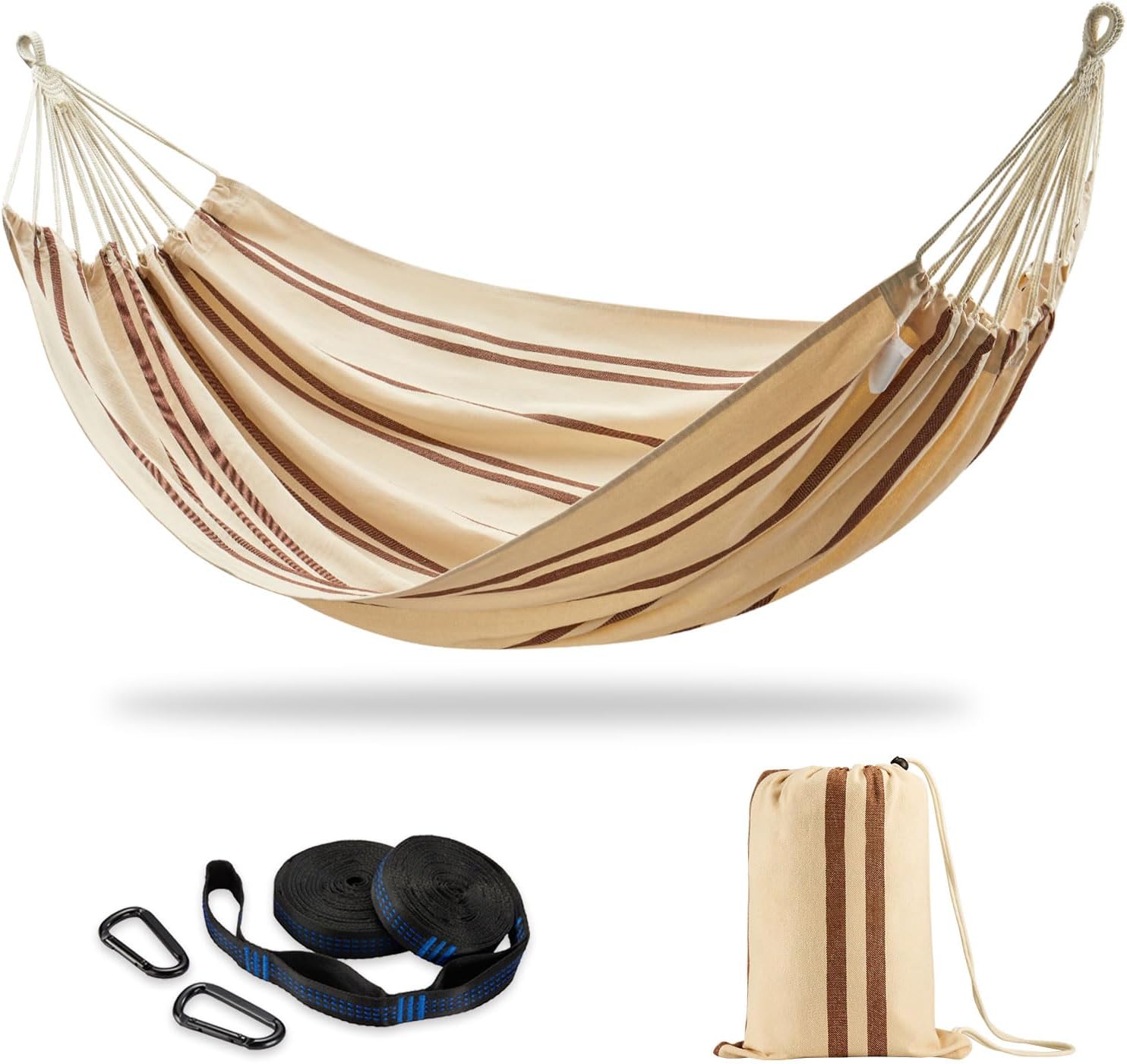 Double Hammock with Tree Straps, Extra Large, 450 lbs Capacity | Soft Woven Cotton Fabric, 94.5 × 63 in, 2-Person Hammock with Carry Bag for Backyard, Patio, Outdoor, Beige Brown Stripe