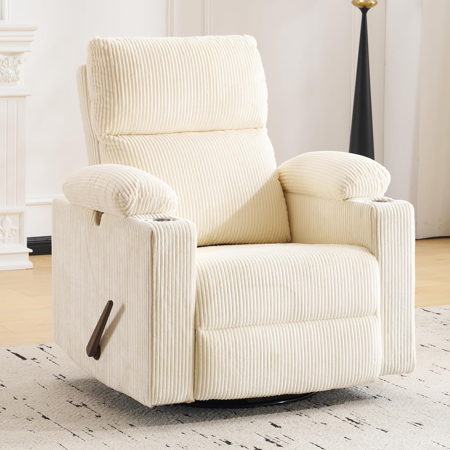 Swivel Rocker Recliner with Adjustable Armrests, Rocking Nursery Chair with Adjustable Headrest, Cup Holder, Manual Recliner Nursing Chair, Corduroy Beige