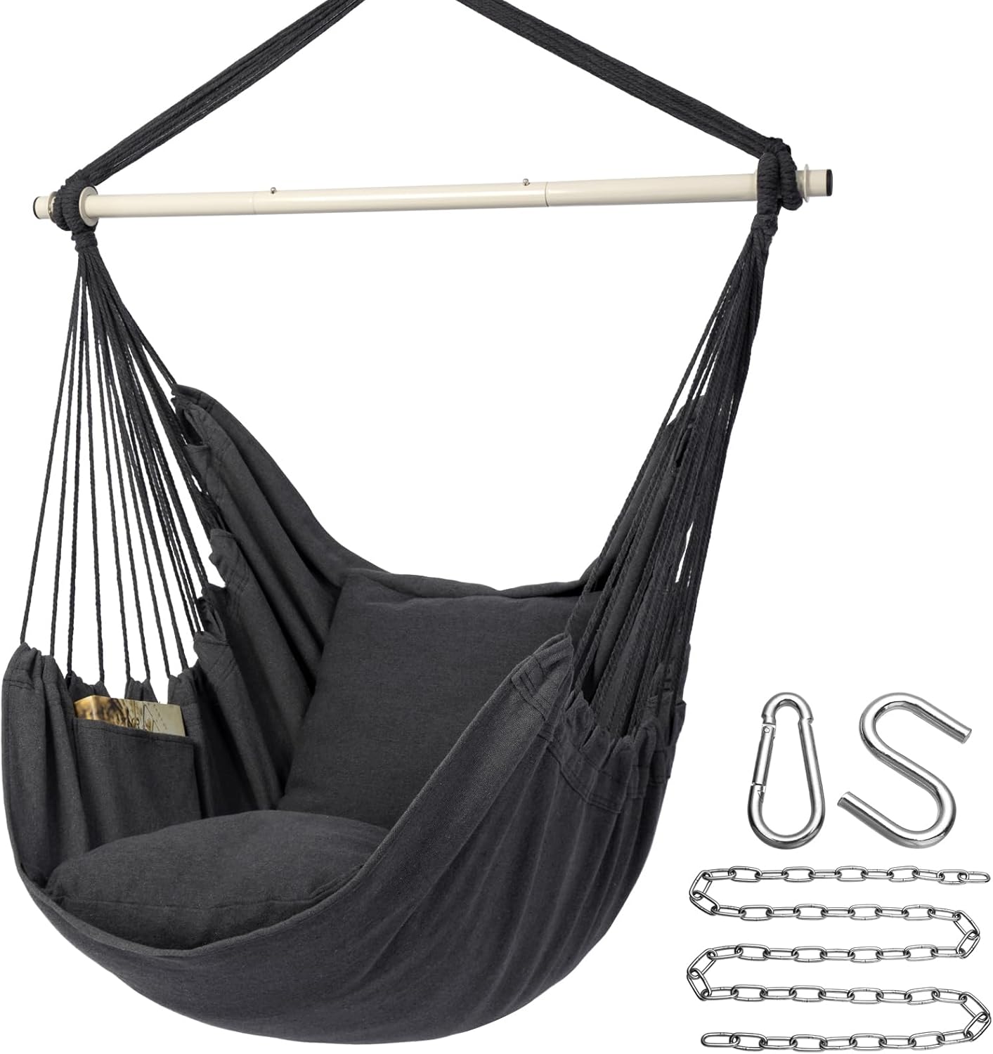 Hammock Chair Hanging Rope Swing Chair, Max 500 Lbs, 2 Seat Cushions Included, Removable Steel Spreader Bar with Anti-Slip Rings, Hardware kit-for Indoor Outdoor(Dark Grey)