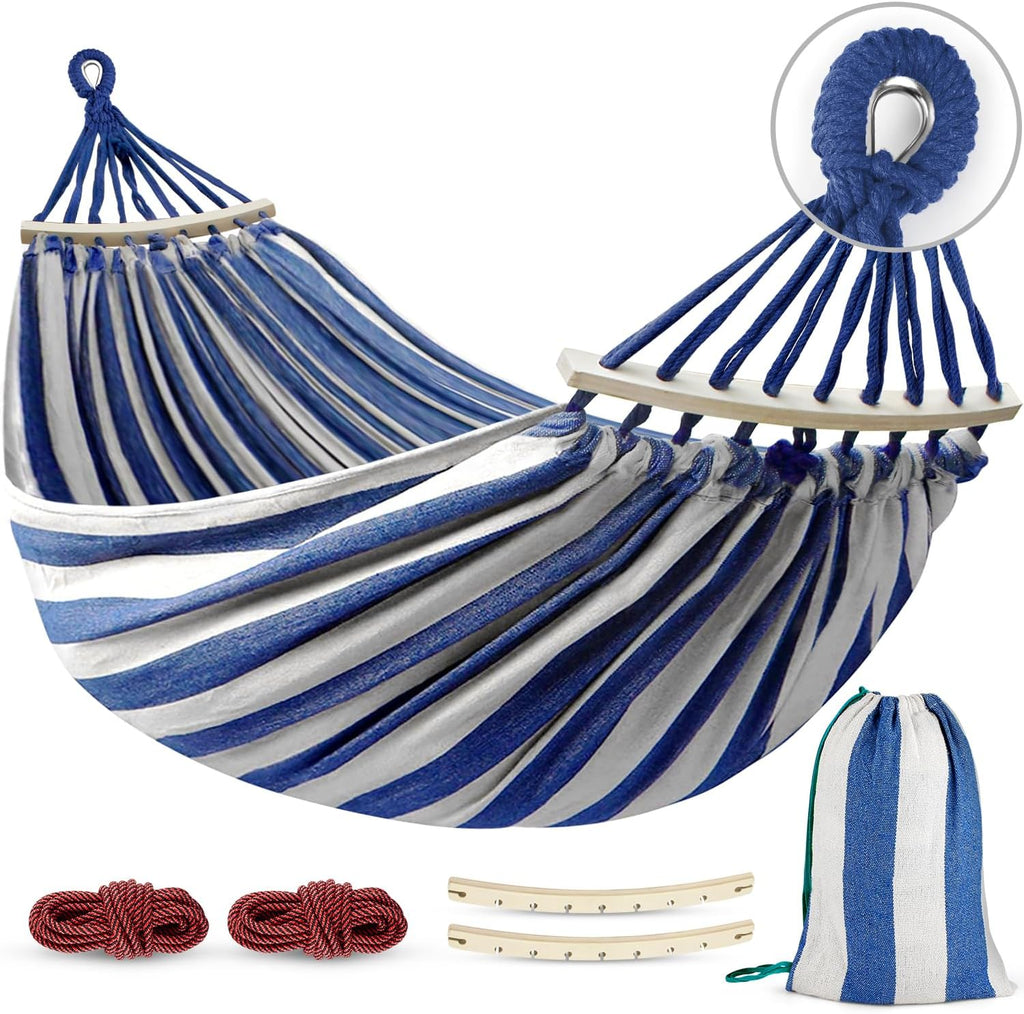 Hammocks Portable Camping Hammock Upgraded 550lb Comfortable Fabric Hammock with Two Anti Roll Balance Beam and Sturdy Metal Knot Tree Straps for Camping, Patio, Backyard, Outdoor(Blue White)