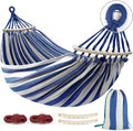 Hammocks Portable Camping Hammock Upgraded 550lb Comfortable Fabric Hammock with Two Anti Roll Balance Beam and Sturdy Metal Knot Tree Straps for Camping, Patio, Backyard, Outdoor(Blue White)