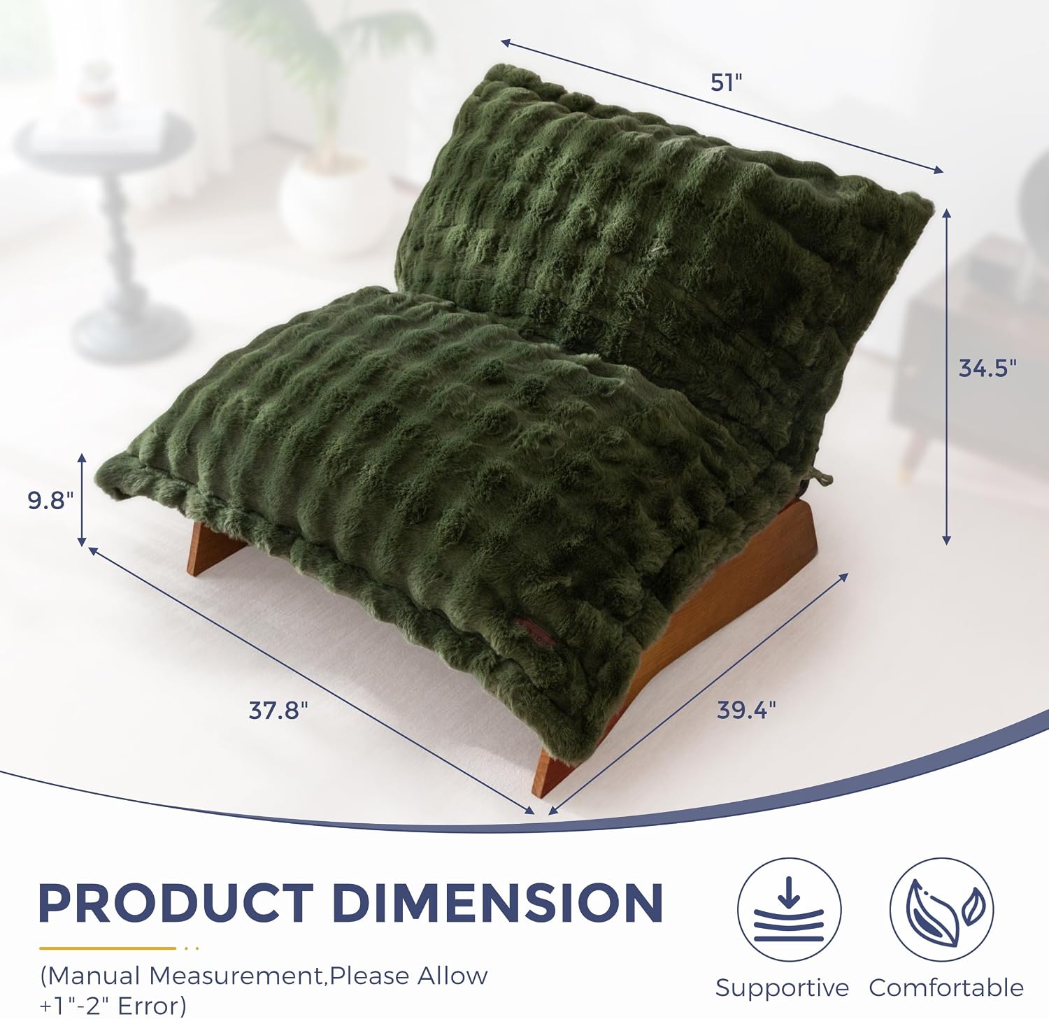 Adjustable Living Room Chair, 3-Position Bean Bag Chair with Frame | Upholstered Accent Chair with Frame, Removable Cushion, Soft Reclining Lounge for Bedroom, Apartment, Office, Dorm, Green