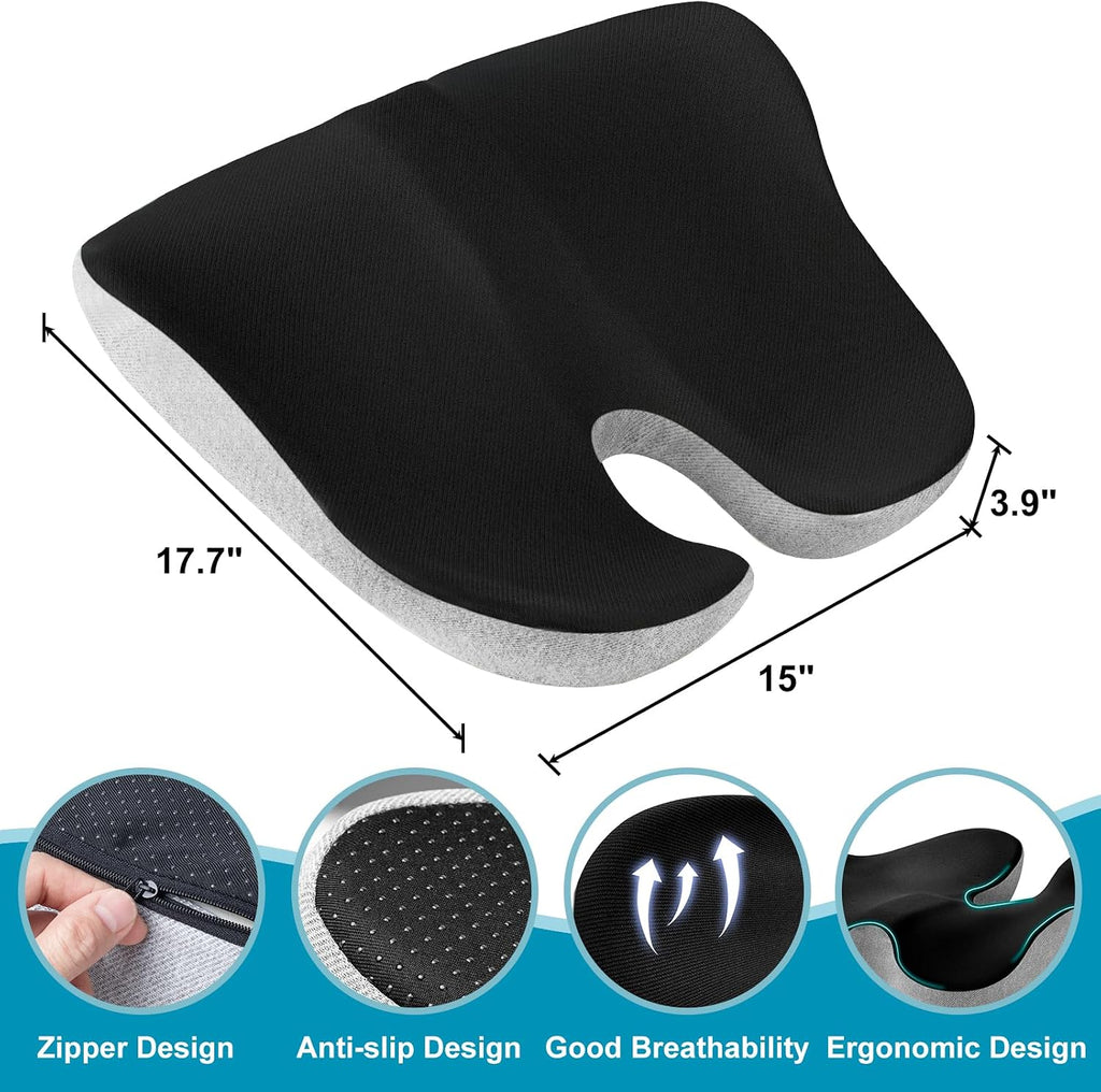 Seat Cushion, X Large Memory Foam Cushion for Office Chair Cushions, Car Seat, Gaming Chair, Ergonomic Cushions Pad Pillow for Sciatica, Tailbone Pain Relief and Long Sitting (Blcak)
