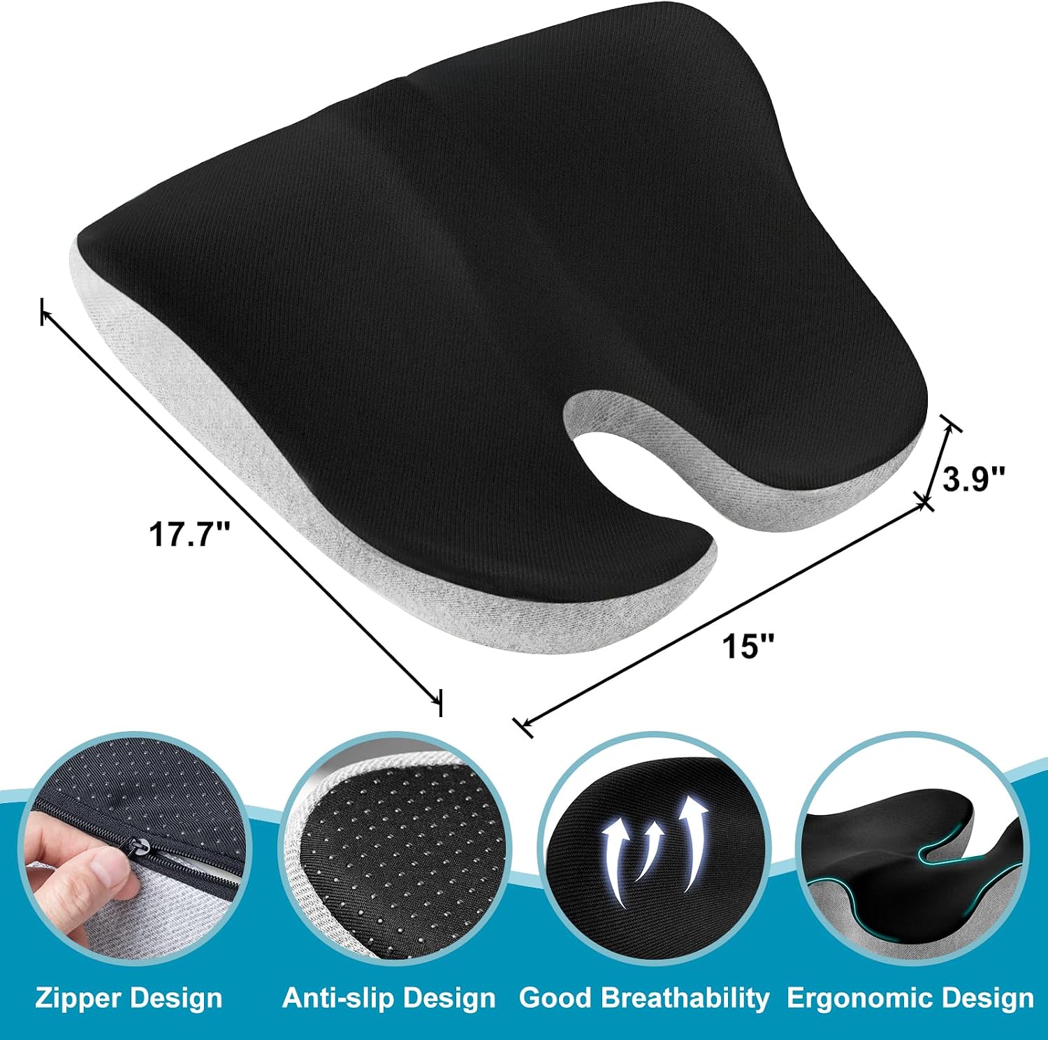 Seat Cushion, X Large Memory Foam Cushion for Office Chair Cushions, Car Seat, Gaming Chair, Ergonomic Cushions Pad Pillow for Sciatica, Tailbone Pain Relief and Long Sitting (Blcak)