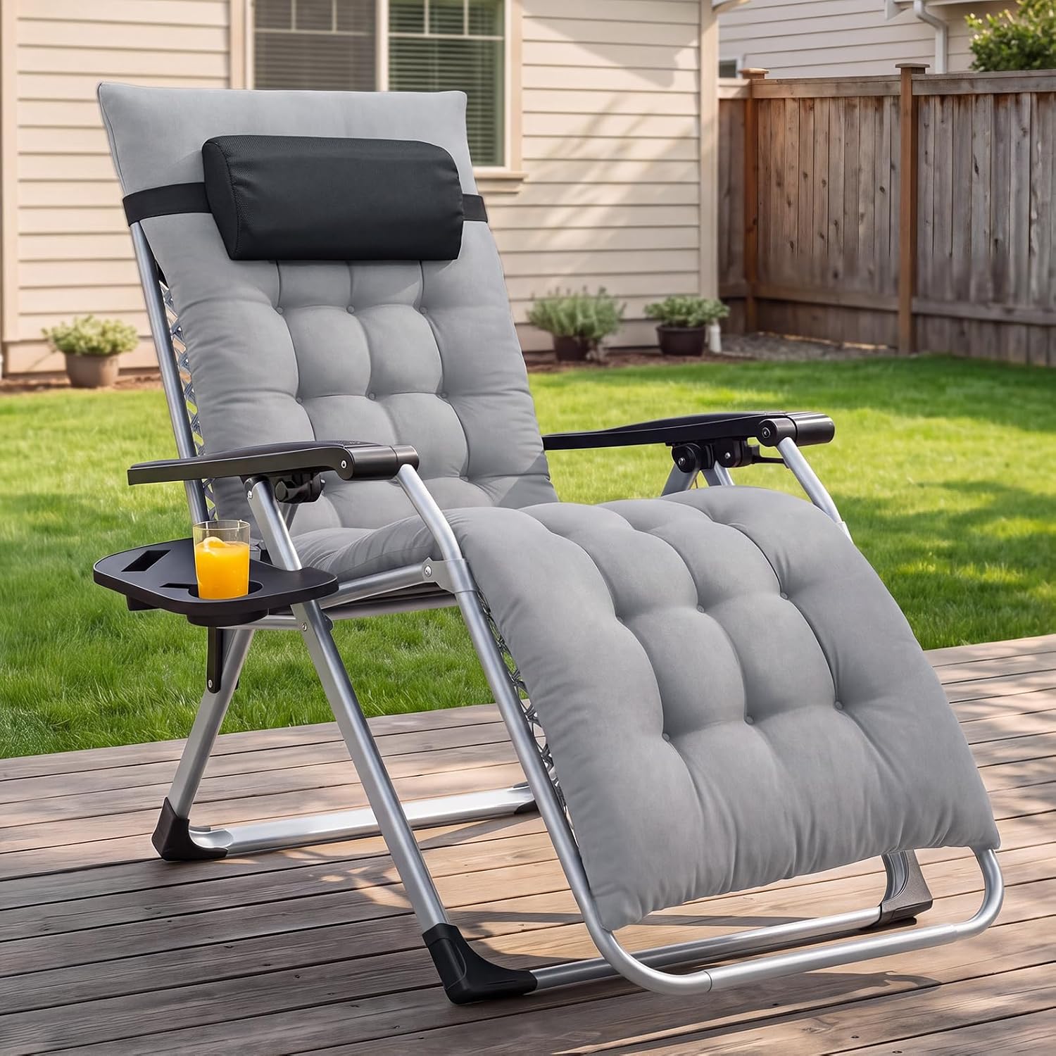 Zero Gravity Chair, Folding Patio Recliner with Cup Holder Trays | Portable Patio Chairs, Lounge Chair for Outdoor, Indoor, Beach, Pool, Camping, Balcony, Porch, Gray