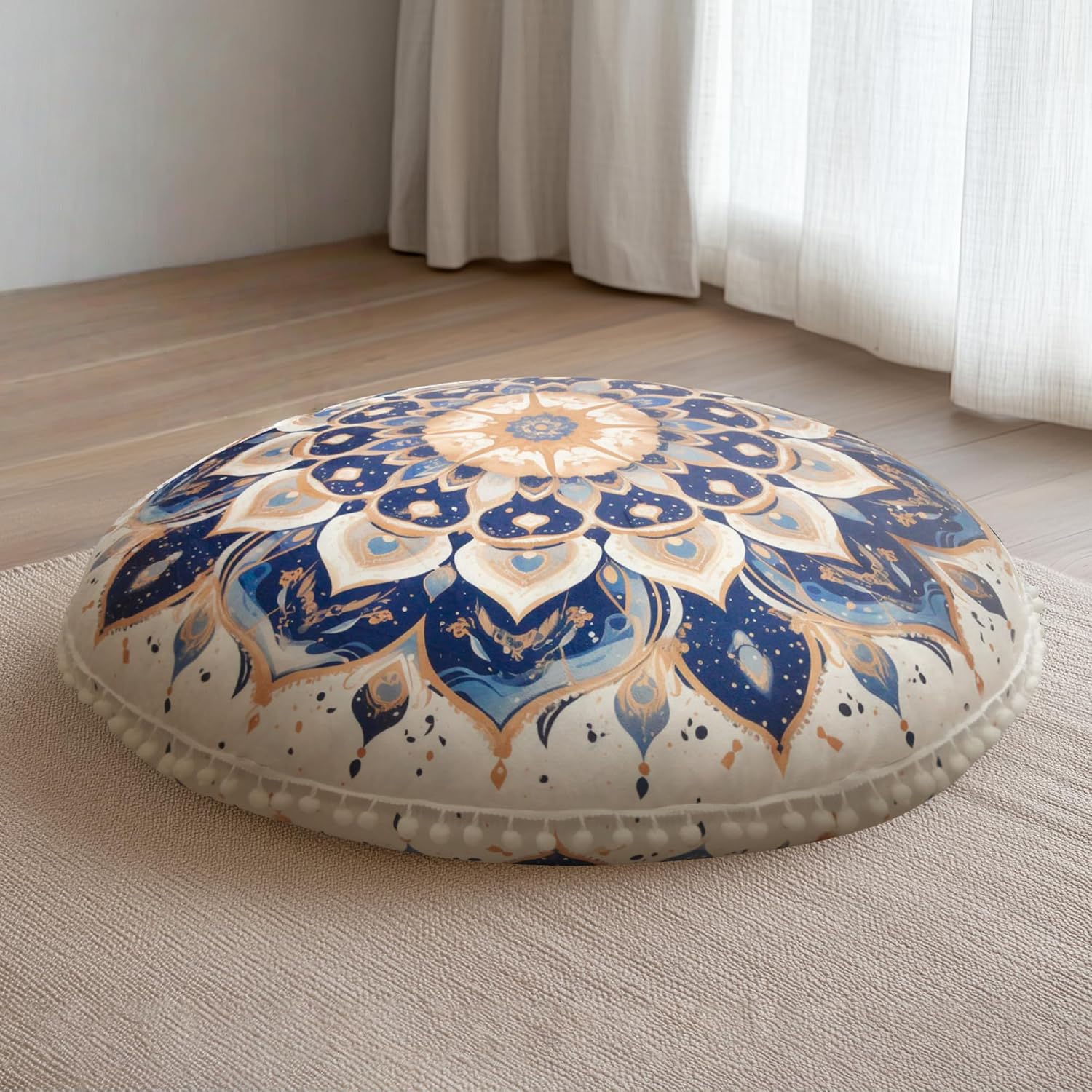 Meditation Cushion 32 Inch Round, Extra Thick Memory Foam Floor Pillow with Removable Washable Cover, Yoga Cushion for Adults - Ideal Gift & Holiday Decor, Blue