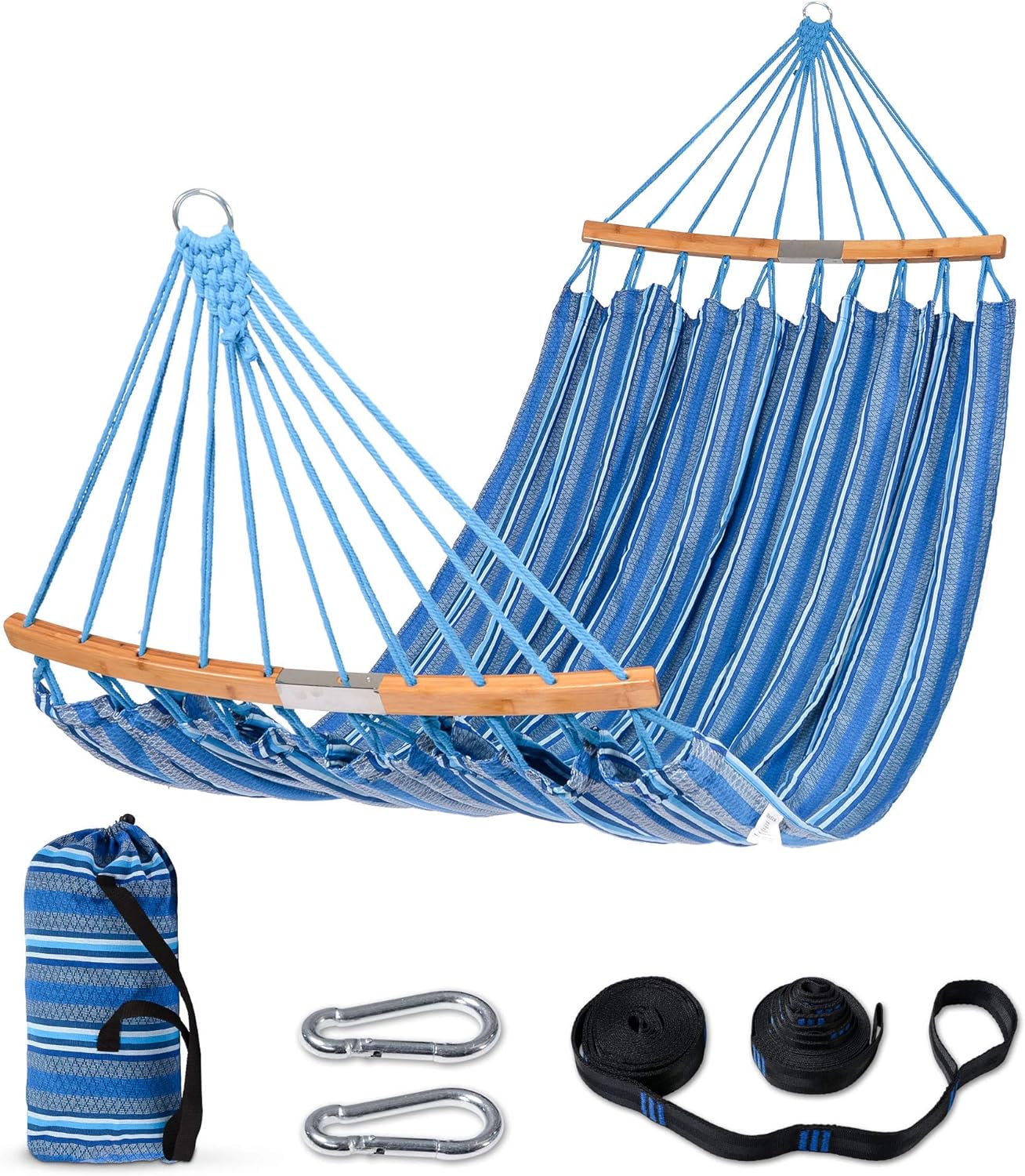Hammocks Double Hammock with Curved Spreader Bar, Blue | Outdoor Portable Hammock with Carrying Bag & Tree Straps for Bedroom, Patio, Backyard, Balcony, Max 450lbs Capacity