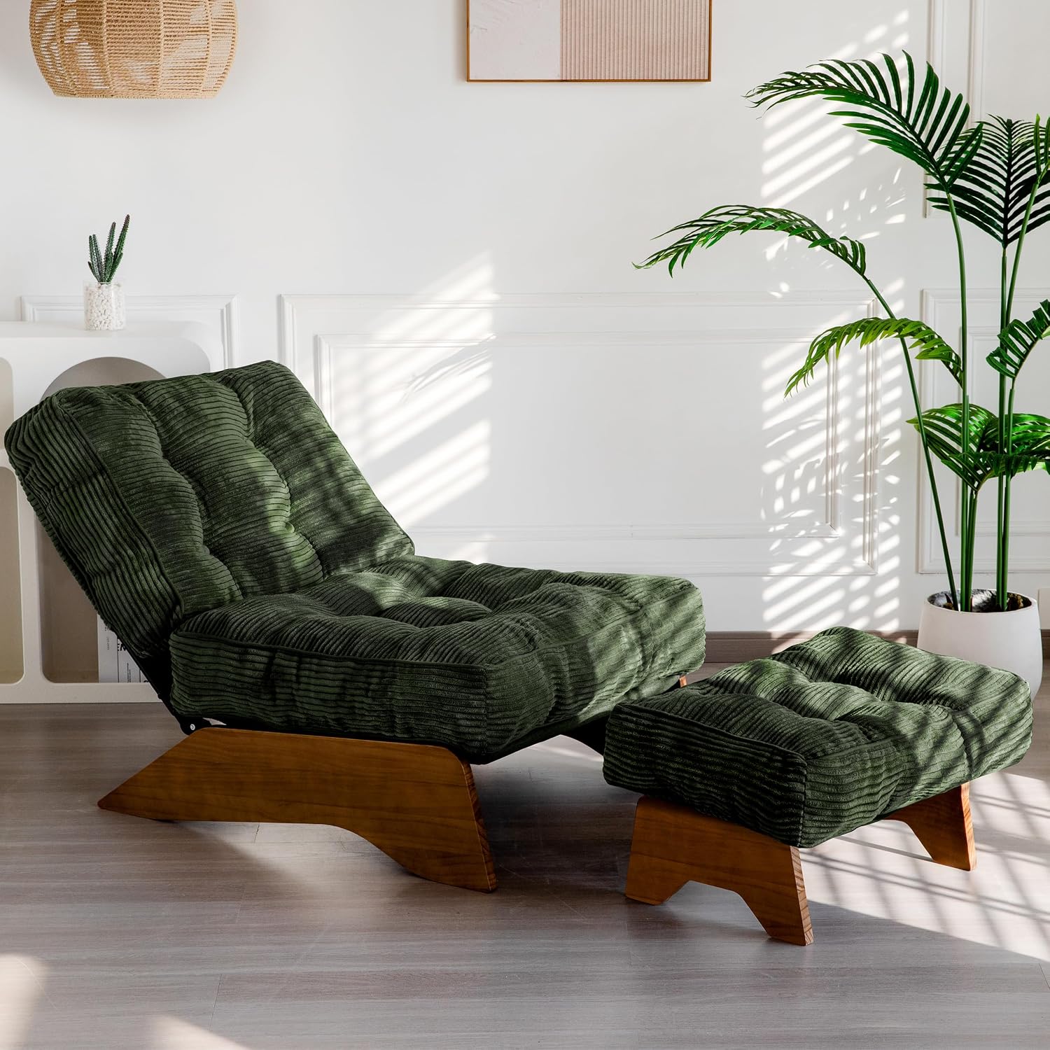 Accent Chair with Ottoman, Lounge Chair with Adjustable Backrest | Tufted Living Room Chair Upholstered Lounge Chair with Footrest Set, Modern Chair for Reading Room, Green